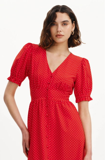 Samantha Red Polka Dot Button Through Midi Dress