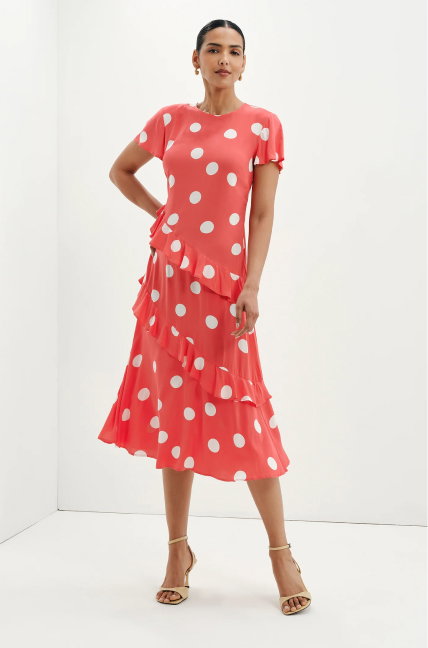 Sierra Red Polka Dot Asymmetric Frill Midi Tea Dress