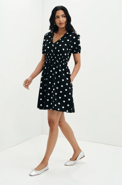 Meadow Black Polka Dot Cotton Puff Sleeve Mini Dress