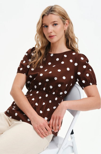Raya Brown Polka Dot Cotton Puff Sleeve Elasticated Waist Top