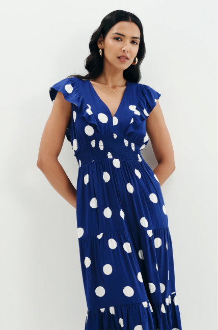 Mattie Navy Polka Dot Frill Sleeve Empire Waist Tiered Midi Dress