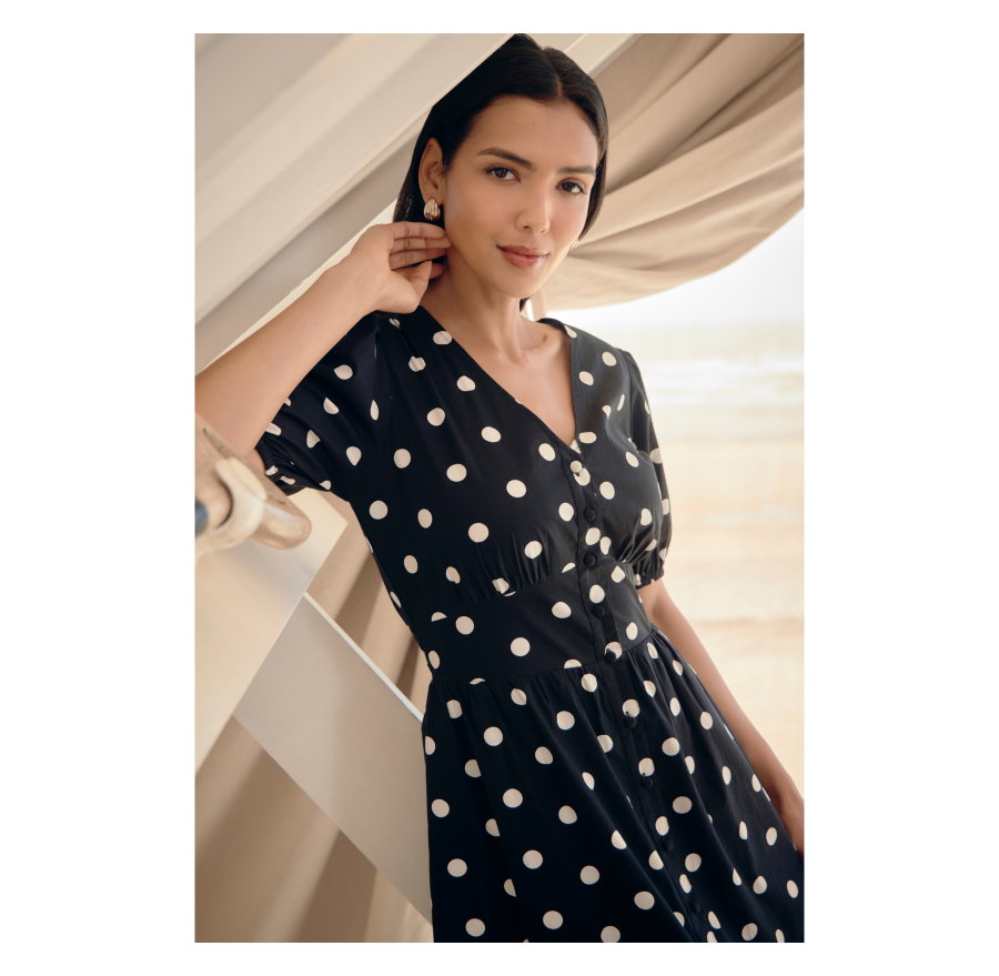 Addison Black Polka Dot Cotton Button-Through Smock Midi Dress