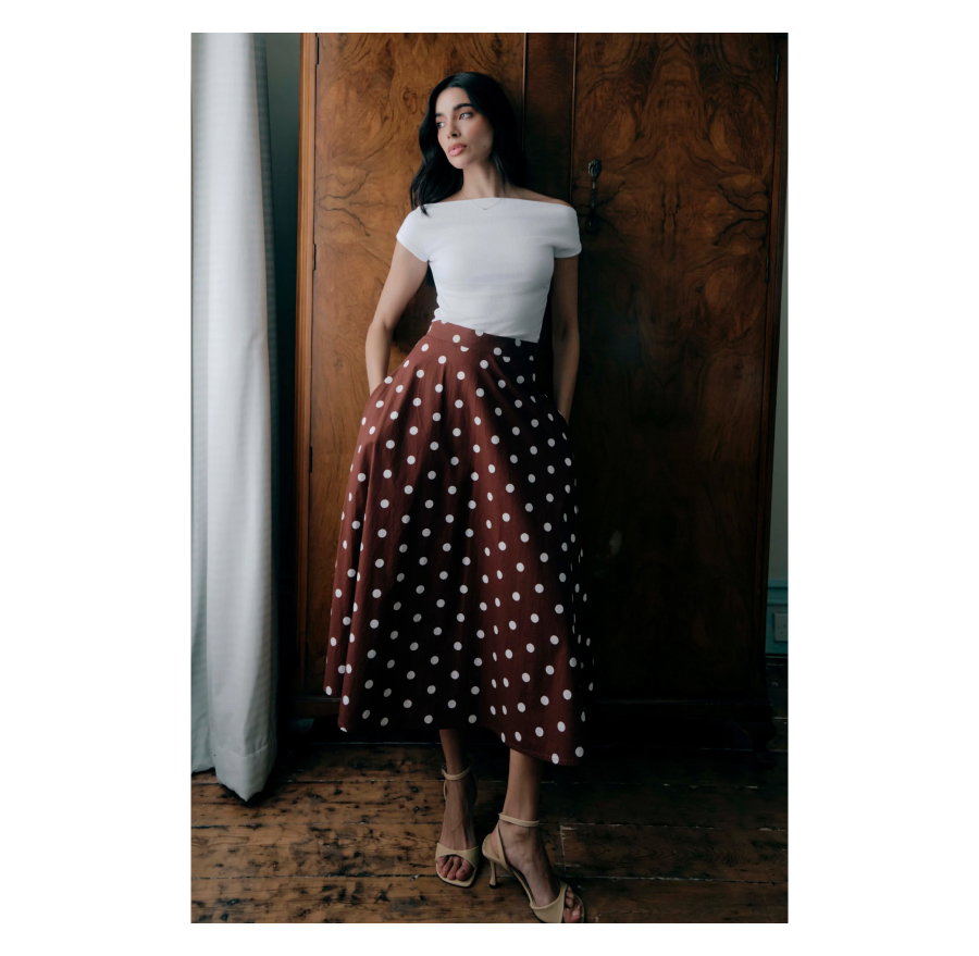 Meeka Brown Polka Dot Cotton A-Line Midi Skirt