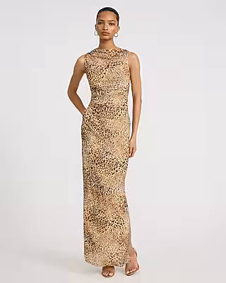 Mesh Leopard Ruched Maxi Sheath Dress