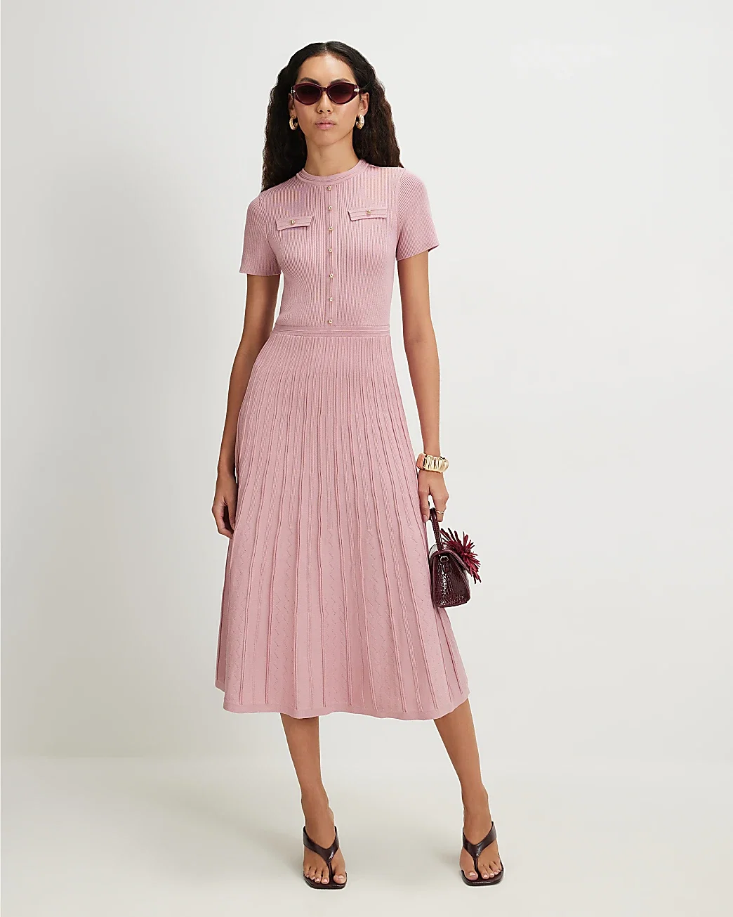 Womens Pink Pointelle Knit Midi Dress