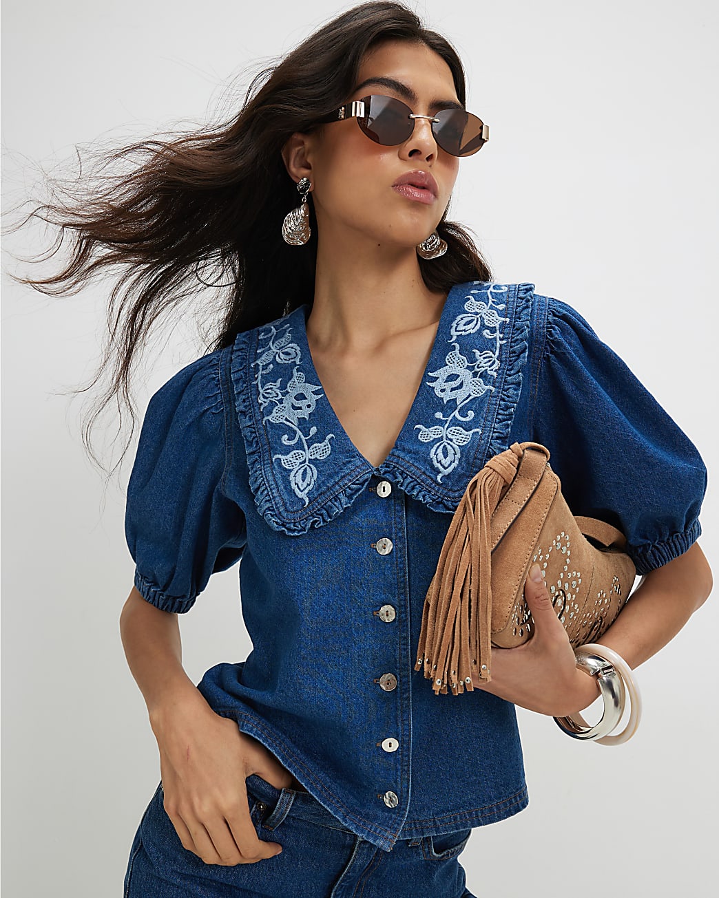 Womens Blue Denim Puff Sleeve Embroidered Shirt
