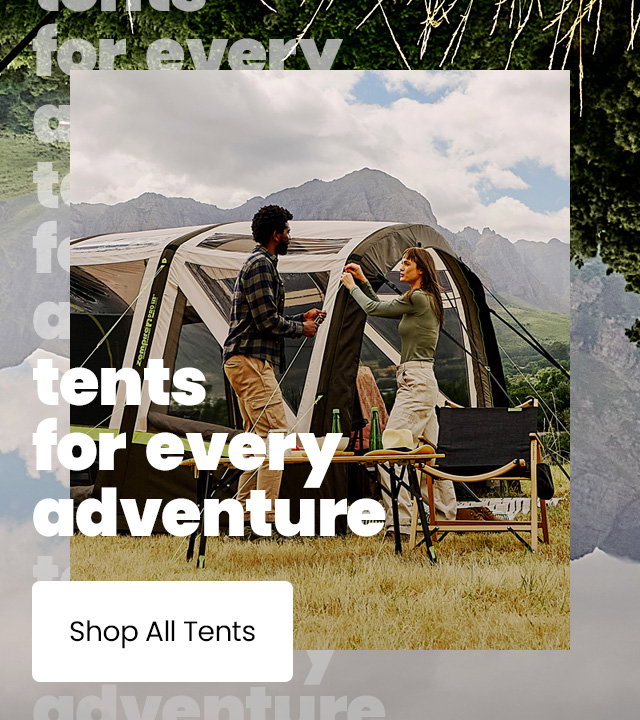 Two people setting up a large inflatable camping tent in a grassy field with mountains in the background, alongside text reading “tents for every adventure” and a “Shop All Tents” button.
