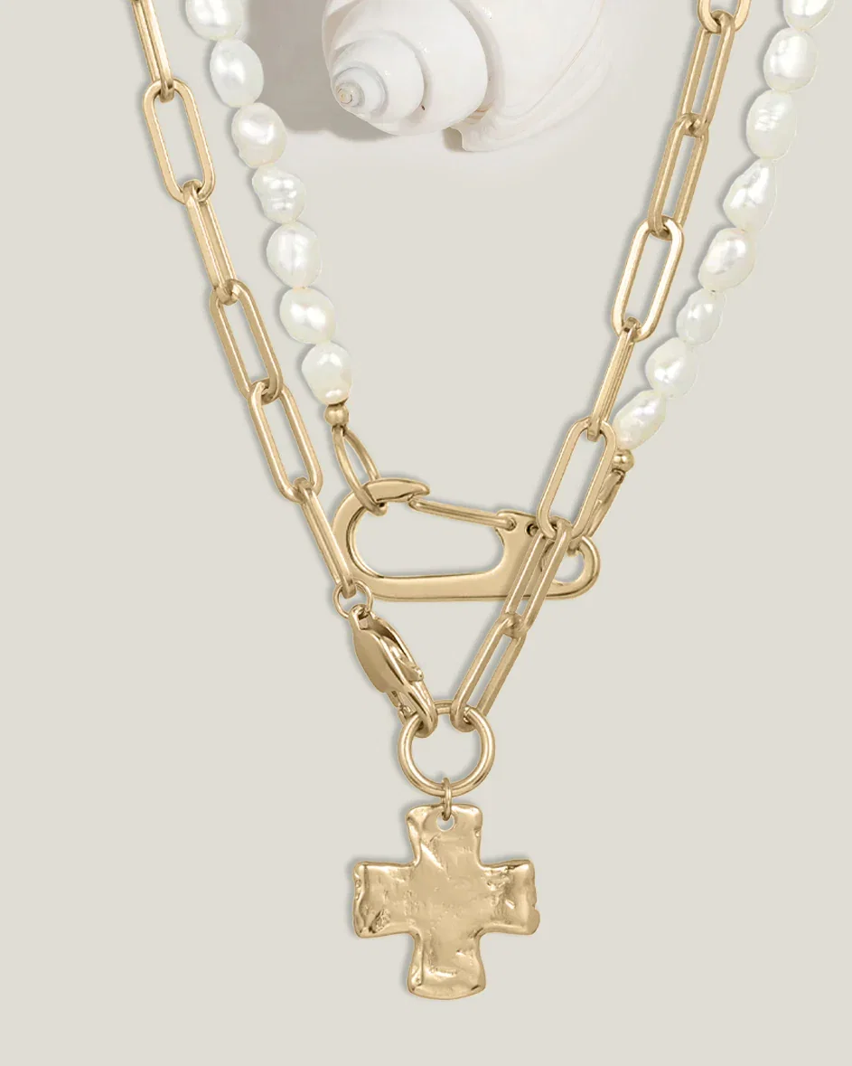 Image of Chunky Cross and Pearl Lock Necklace Set