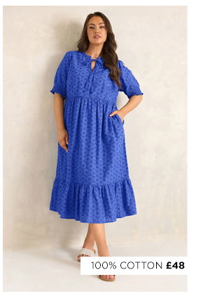 EVANS Curve Blue Tie Neck Broderie Cotton Maxi Dress