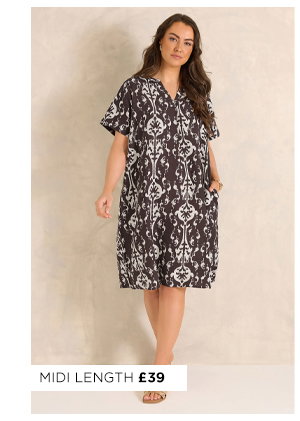 EVANS Curve Chocolate Brown Abstract Print Midi Shift Dress