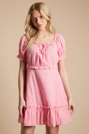 Tie Detail Puff Sleeve Cotton Mini Dress