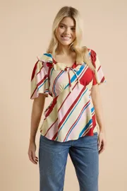 Stripe Frill Neckline Angel Sleeve Blouse