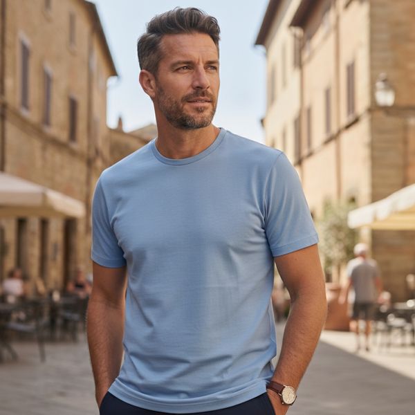 Man in light blue T-shirt and wristwatch on a sunny European street with outdoor cafés, looking to the side