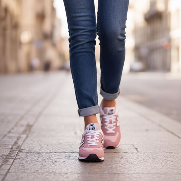 Person walking on city pavement wearing rolled-up skinny jeans and pink New Balance trainers