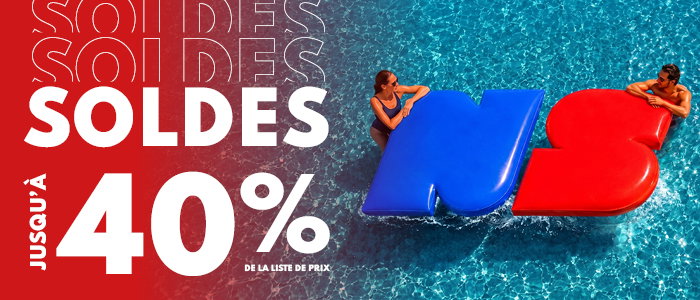 Promotional banner reading 'SOLDES 40%' with two people on blue and red pool floats in clear turquoise swimming pool