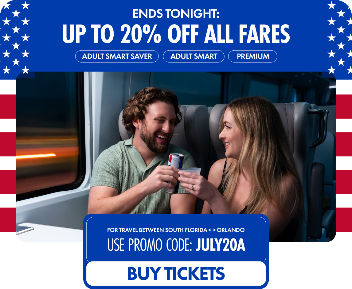 A smiling couple sits together on a modern train, clinking beverage cans as they enjoy their trip. The promotional banner announces that all fares are up to 20% off, ending tonight. Fare types highlighted include Adult Smart Saver, Adult Smart, and Premium. The offer applies to travel between South Florida and Orlando, with a call to use promo code JULY20A and a button inviting viewers to buy tickets.