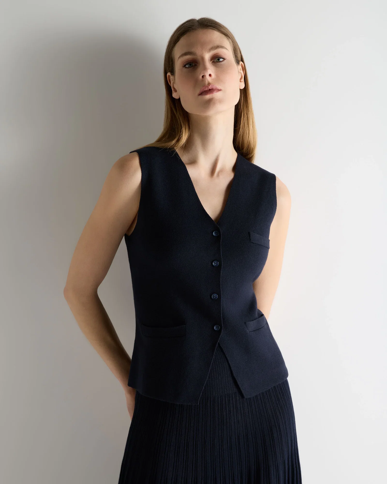 Image of Women's Mila Cotton Cashmere Silk Waistcoat Navy Blue