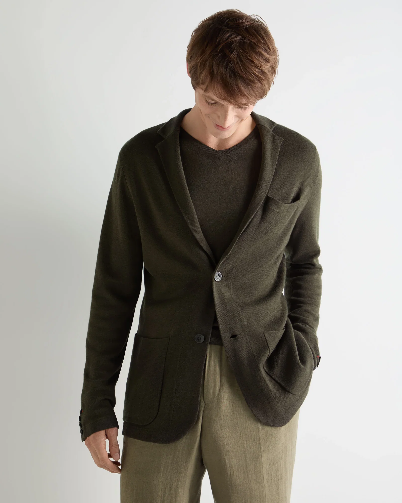 Image of Men's Marlborough Fine Gauge Cashmere Jacket Arabica Khaki Green