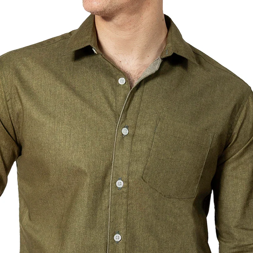 Image of GARVER Long Sleeve Shirt in Olive All Over Japanese Solid Denim-Like Print