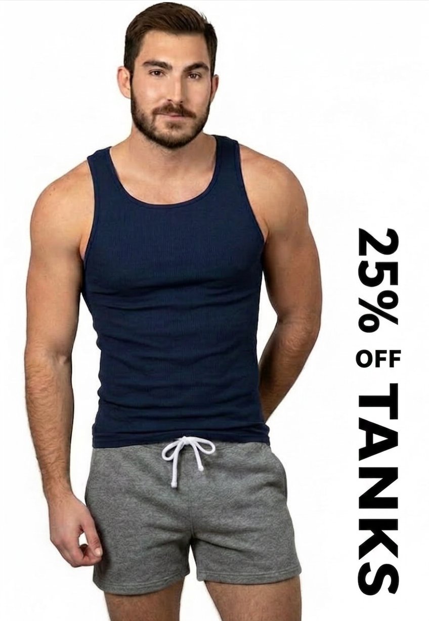 Man in navy tank top and grey shorts with "25% OFF TANKS" text.