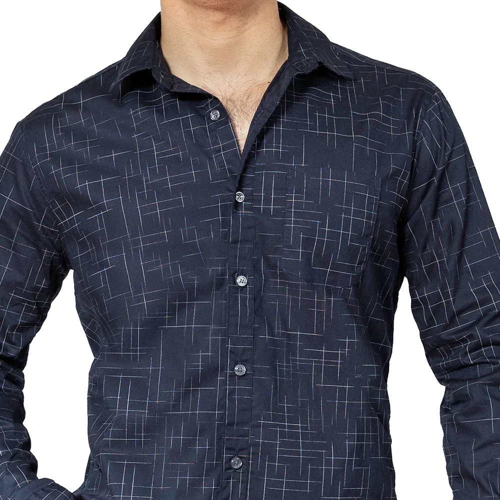 Image of COLBY Long Sleeve Shirt in Navy Japanese Textured Print