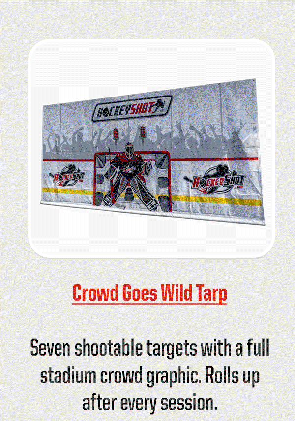 Product Block 2: Crowd Goes Wild Tarp. Seven shootable targets with a full stadium crowd graphic. Rolls up after every session.