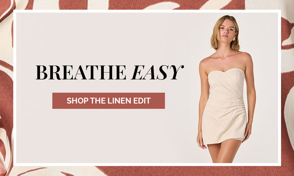 Text overlay "Breathe easy. Shop the linen edit." on image