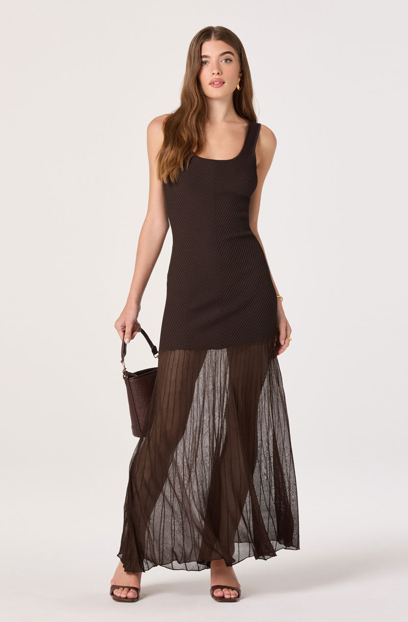 Woman Wearing Ribbed Knit Drop Waist Maxi Dress