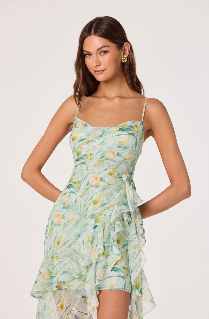 Woman Wearing Cowl Neck High-Low Chiffon Dress