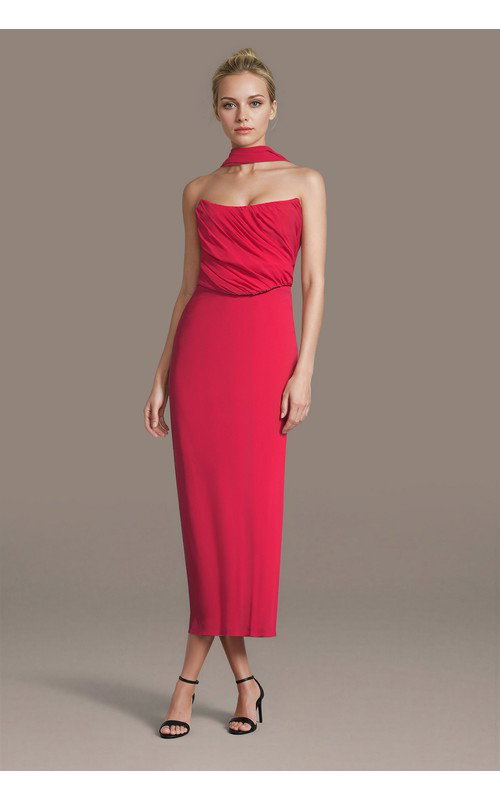 Chiffon Sheath Dress with Pleated Bodice and Scarf