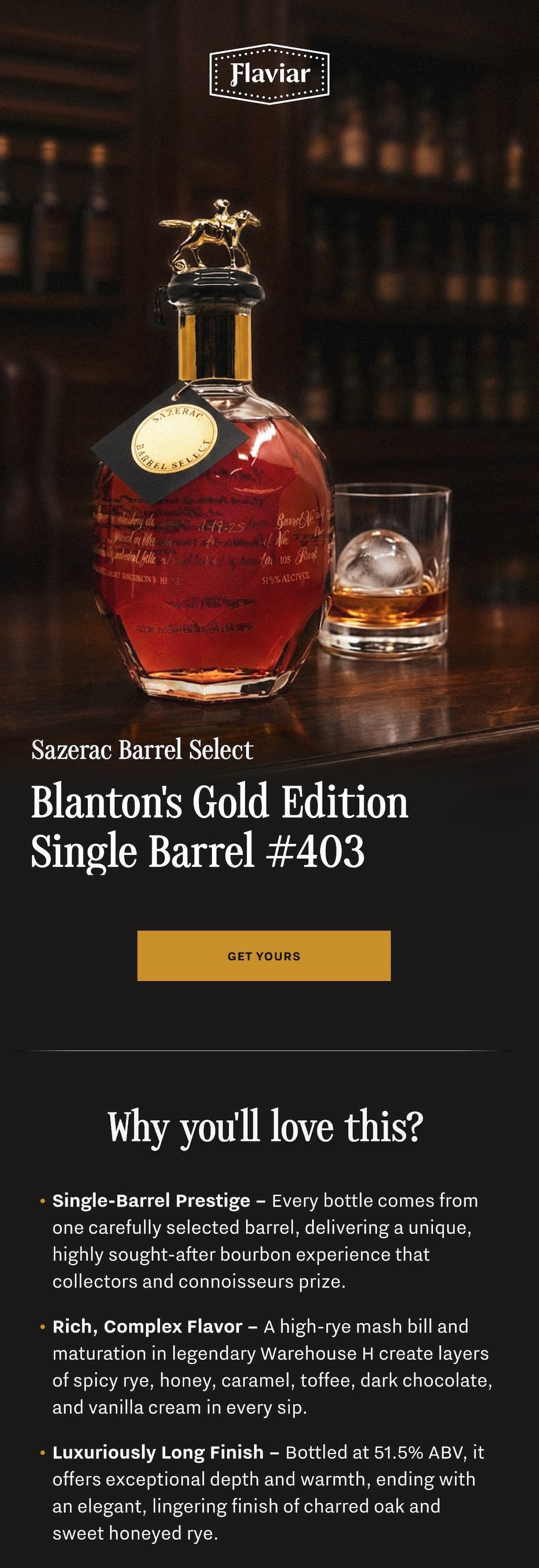 Blanton's Gold Single Barrel #403 Sazerac Barrel Select Bourbon Whiskey