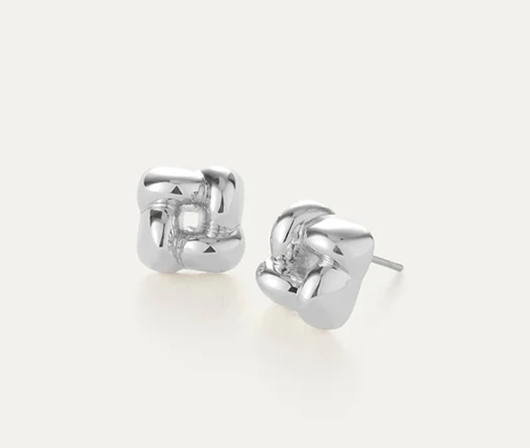 two tone woven square silver earrings
