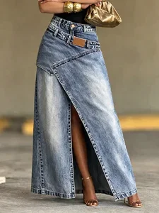 Image of Casual Slit Plain Maxi Denim Skirt