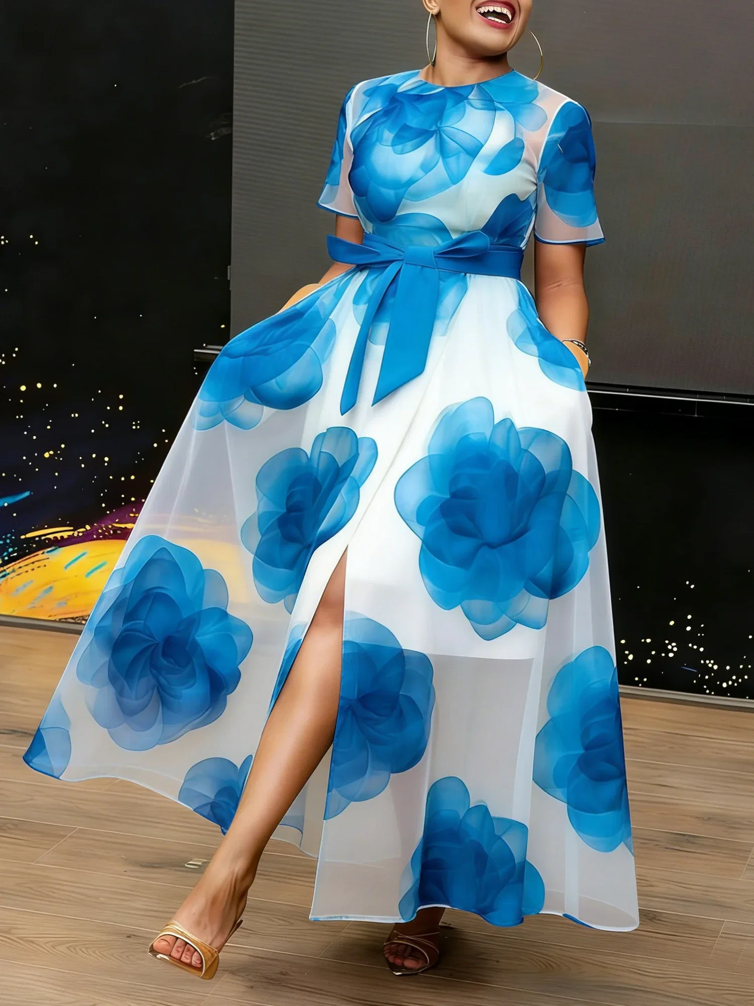 Image of Elegant Floral Printing Crew Neck Maxi Dress With Belt