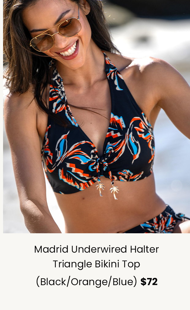 Madrid Underwired Halter Triangle Bikini Top - Black/Orange/Blue