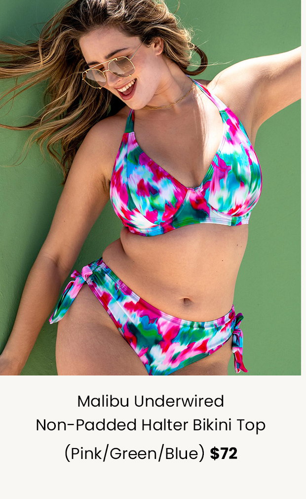 Malibu Underwired Non-Padded Halter Bikini Top - Pink/Green/Blue