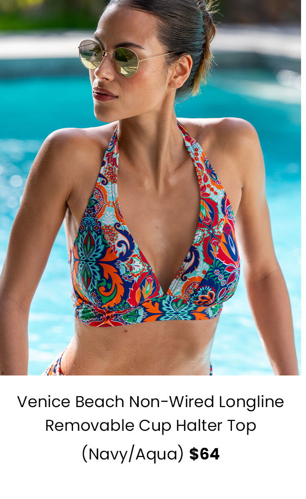 Venice Beach Non-Wired Longline Removable Cup Halter Top - Navy/Aqua