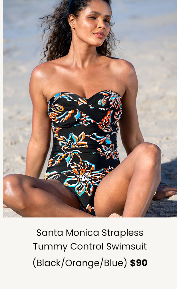 Santa Monica Strapless Tummy Control Swimsuit - Black/Orange/Blue