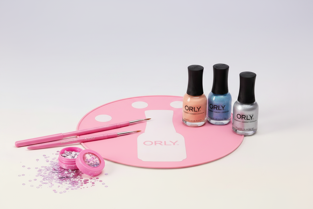 Nail art kit with polish, brushes, and glitter on a pink mat.