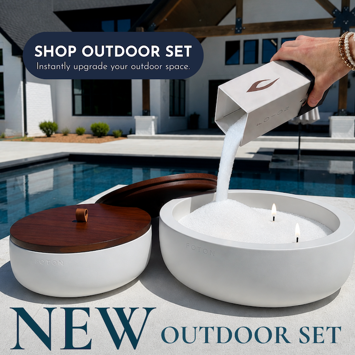 New Foton Outdoor Set candle being filled with refill pearls beside a modern outdoor pool.