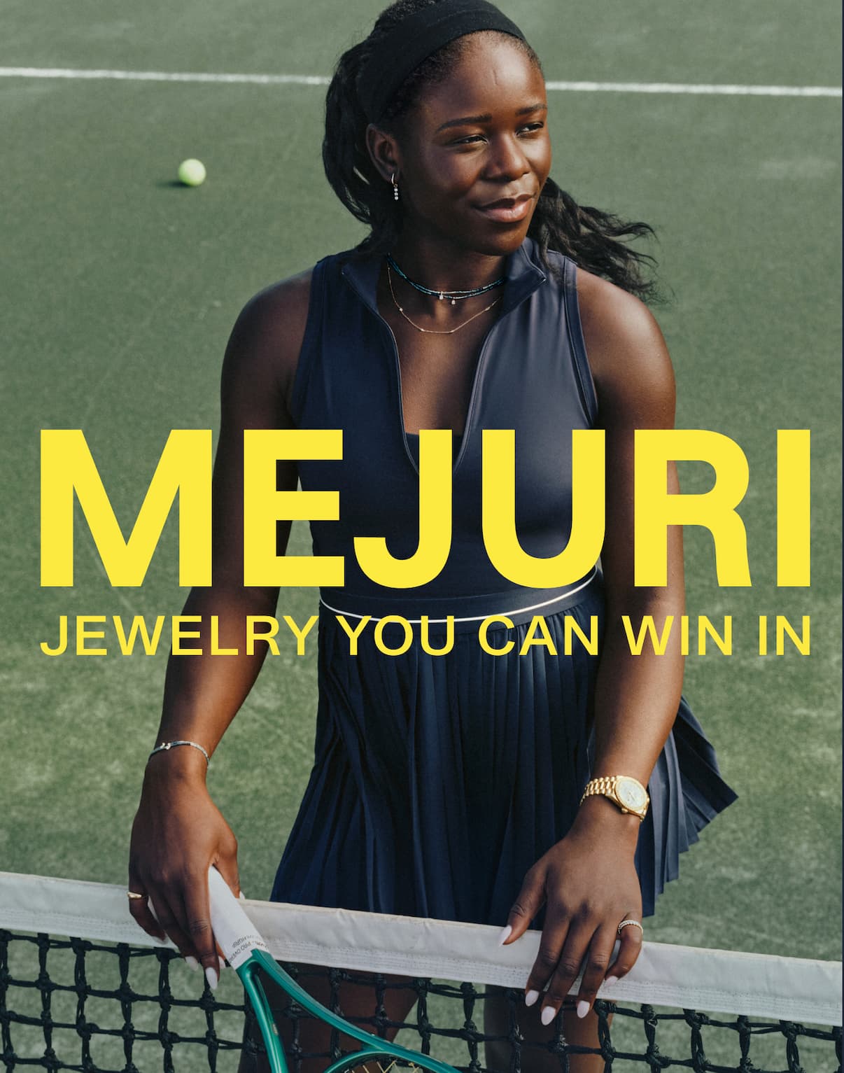 Vicky on a tennis court. Mejuri Jewelry You Can Win In.