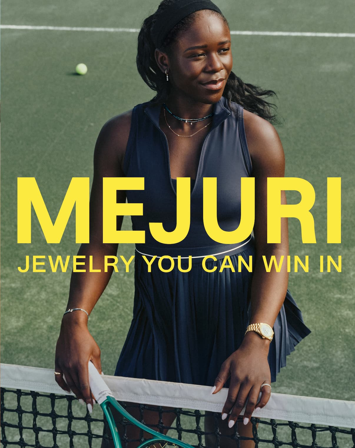 Vicky on a tennis court. Mejuri Jewelry You Can Win In.