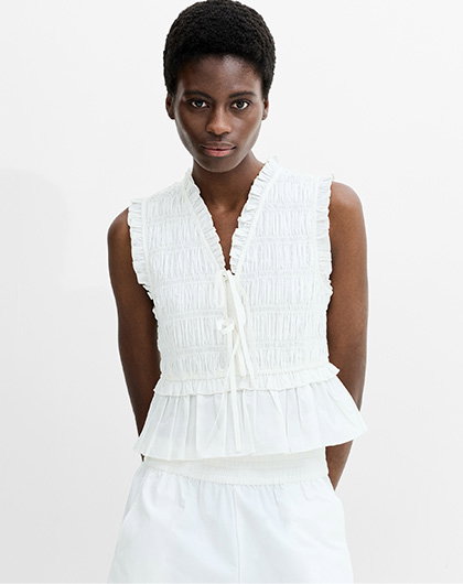 Rhodes Poplin Sleeveless Smocked White Peplum Top