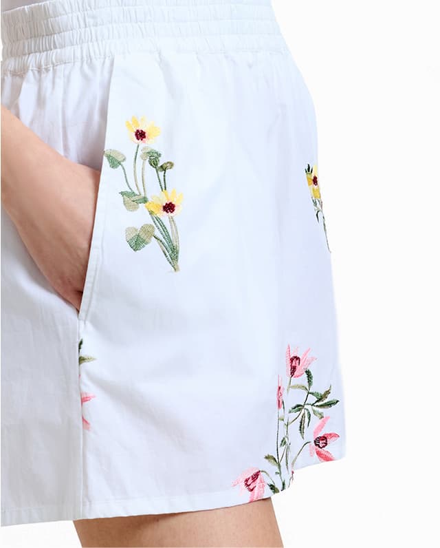 Cotton Floral Embroidered White Shorts