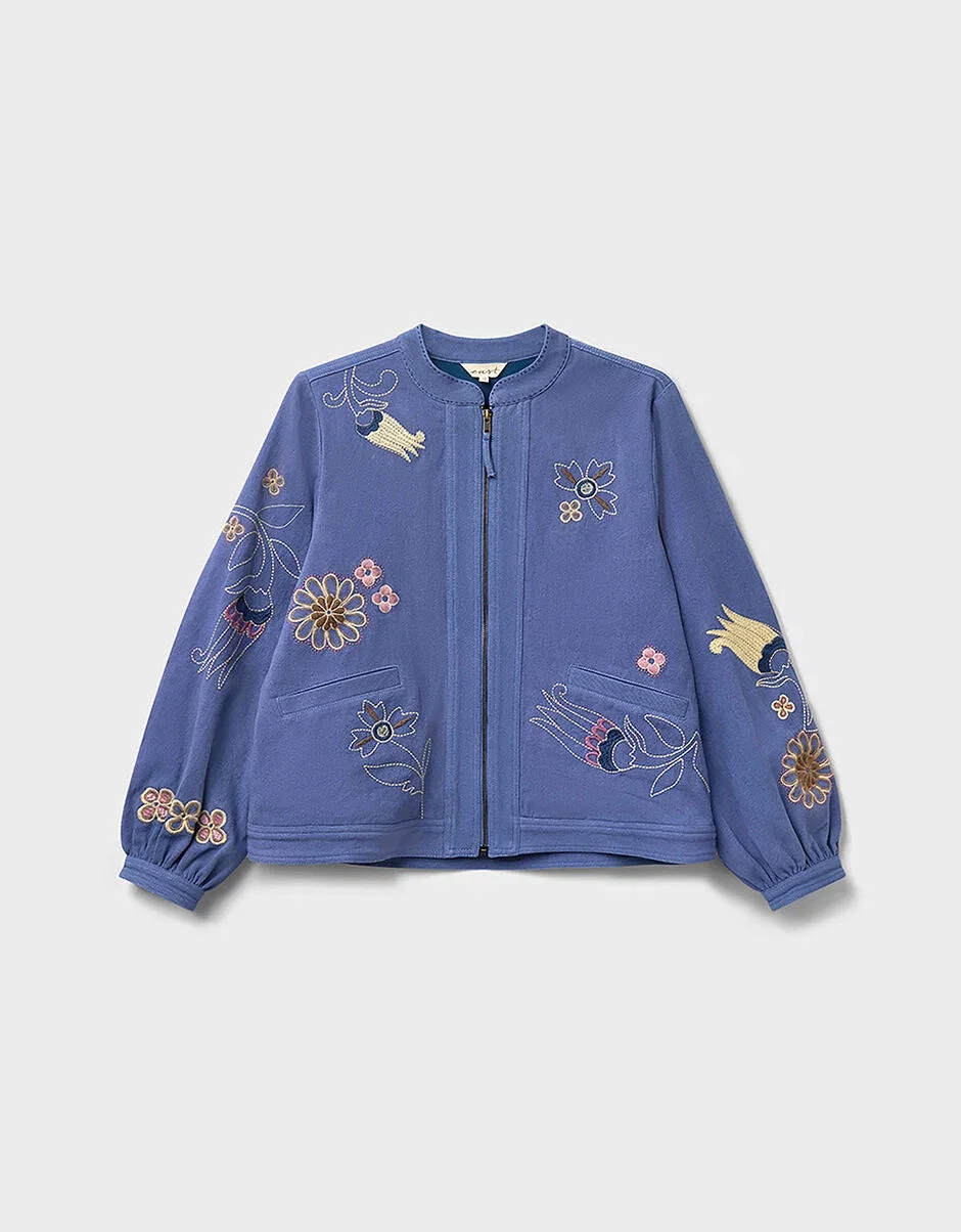 Anyar Botanical Embroidered Cotton Twill Jacket Blue
