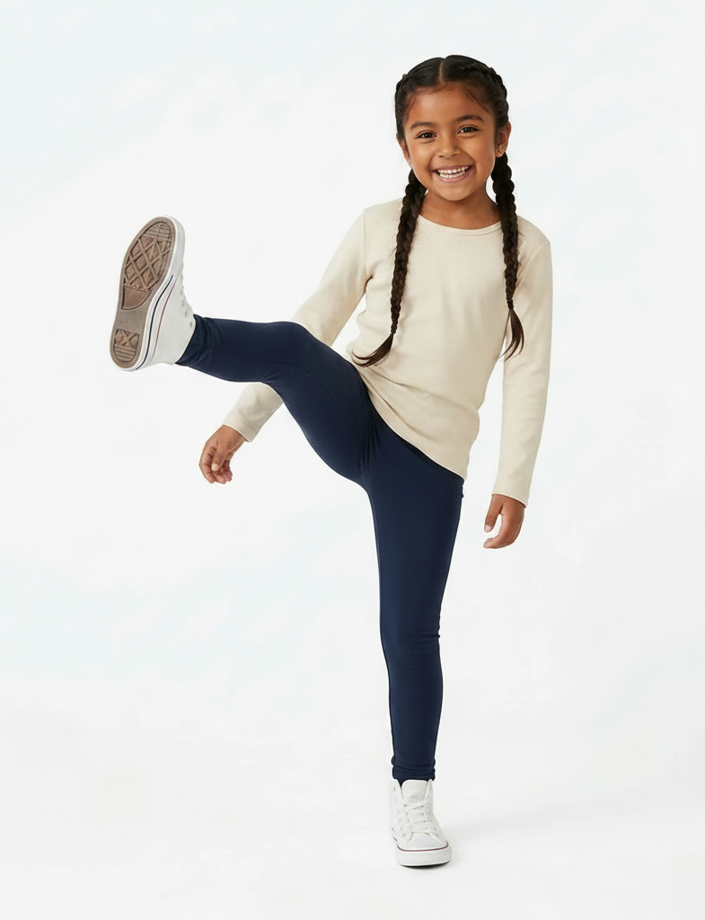 A young girl in a cream long-sleeve shirt and navy leggings kicks her leg up.