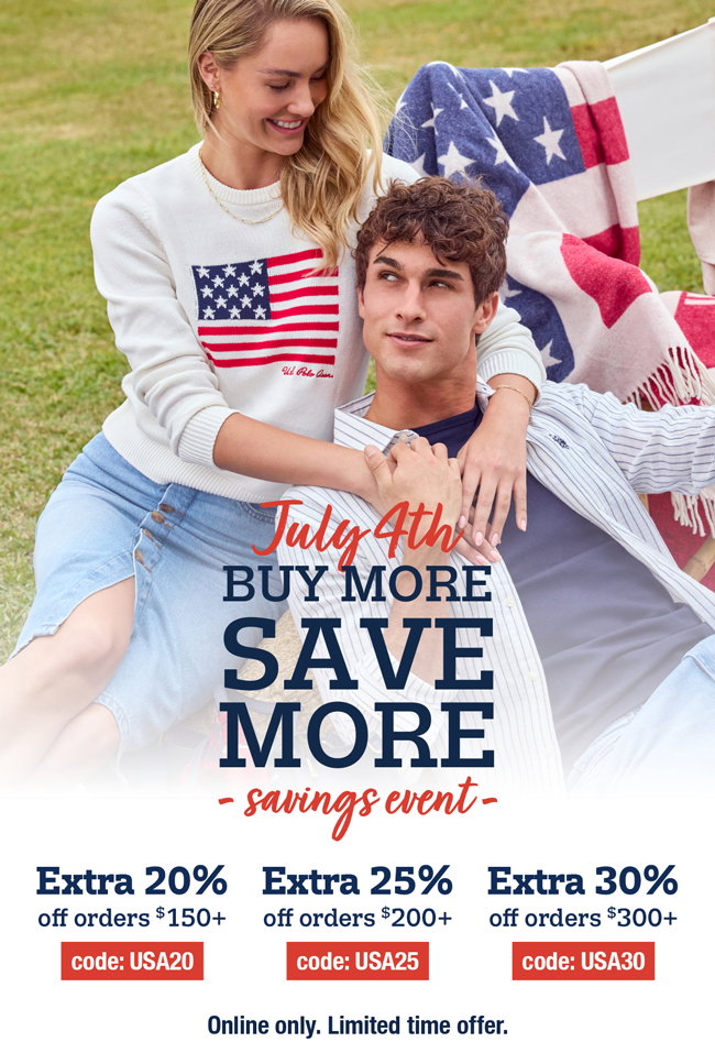 July 4th Buy more, save more savings event Extra 20% off spend: $150+ code:USA20 extra 25% off spend: $200+ code:USA25 extra 30% off spend: $300+ code:USA30 online only. Limited time offer.