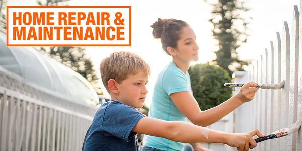 A woman and a boy painting a fence outside in the summertime. A chore that Home Repair & Maintenance can help with!