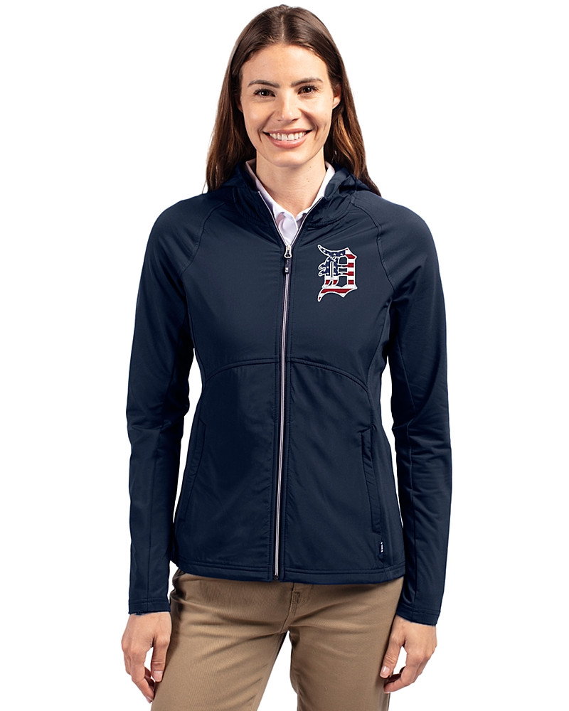 Image of Detroit Tigers Stars & Stripes Cutter & Buck Adapt Recycled Soft Knit Stretch Womens Hybrid Full Zip Jacket