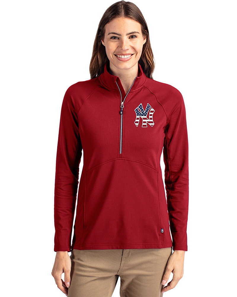 Image of New York Yankees Stars & Stripes Cutter & Buck Adapt Recycled Soft Knit Stretch Womens Half Zip Pullover